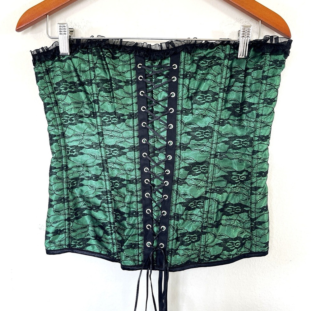 Vintage Y2K Womens Sz XL Lace Up Corset Top Green w/ Black Lace Trim